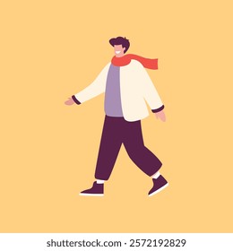 man in warm winter clothes causually walking. Concept of casual cozy winter clothes for man. Flat cartoon vector illustration.