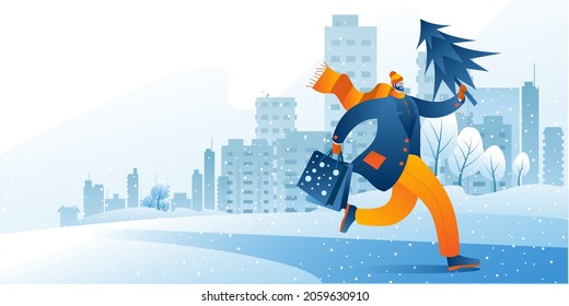 A man in warm winter clothes with gifts and a Christmas tree runs home against the background of a winter city. Template for a horizontal banner.