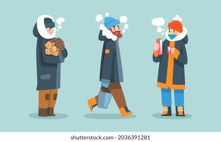 Man in Warm Winter Clothing Ice Fishing on Frozen River or Lake Carrying Bucket and Drinking Hot Beverage Vector Set