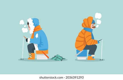 Man in Warm Winter Clothing Ice Fishing on Frozen River or Lake Vector Set