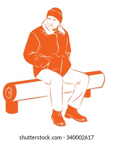 A man in a warm winter jacket freezes sitting on the bench, Vector illustration