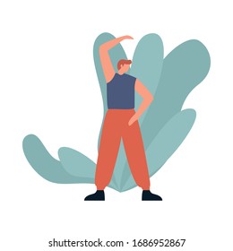 Man warming up before exercises outside. Young man in sportswear doing exercises. Boy performing sport activity. Fitness concept. Flat vector illustration