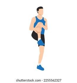 Man warming up before running vector. Man lifting the left knee up and using both hands to support knee,bring close to the chest as much as possible. Flat vector illustration isolated on white 