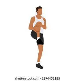 Man warming up before running vector. Man lifting the left knee up and using both hands to support knee,bring close to the chest as much as possible. Flat vector illustration isolated on white