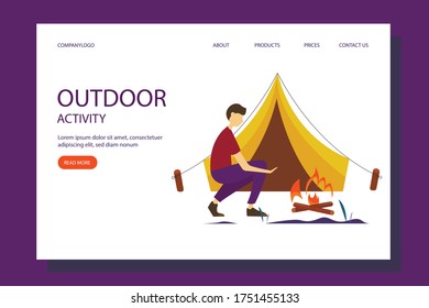 Man warming his hands by the fire. The concept of an active lifestyle, Hiking, outdoor recreation. Cute summer vector illustration in flat style.