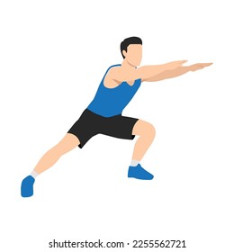 Man warming up legs before jogging hands in the front. Flat vector illustration isolated on white background