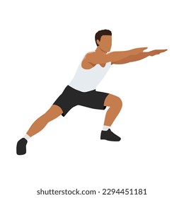 Man warming up legs before jogging hands in the front. Flat vector illustration isolated on white background