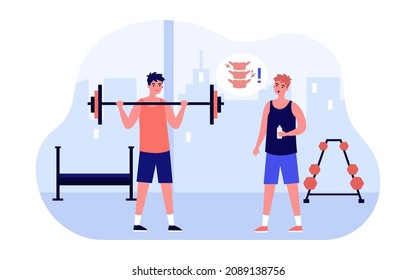 Man warning bodybuilder about back protection during gym workout. Back pain in people due to exercise flat vector illustration. Sport injury concept for banner, website design or landing web page