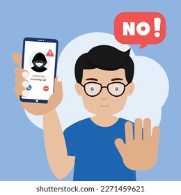 Llamada del teléfono de advertencia del hombre de un número desconocido. Estafa, fraude o phishing con el concepto de smartphone. 