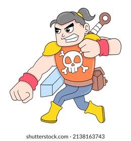 hombres guerreros grandes músculos cargando una gran espada lista para luchar, ilustración vectorial arte. imagen del ícono del doodle kawaii.