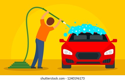 Man wash car concept background. Flat illustration of man wash car vector concept background for web design