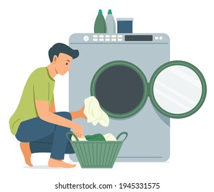 Man Wash the Clothes with Washing Machine.