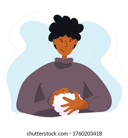 El hombre se lava las manos con jabón. El concepto de lavado de manos y limpieza en diseño plano. Ilustración de material vectorial aislada en fondo blanco.