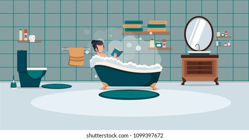 A man washes in the bathroom with foam. Bathroom interior. Vector illustration.