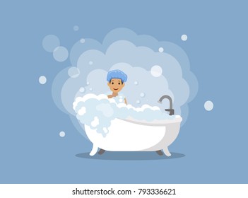 A man washes in the bathroom with foam. Vector illustration.