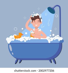 Man washes in the bathroom with rubber duck. He taking a shower with soap and sponge. Cartoon flat vector illustration isolated on violet background.