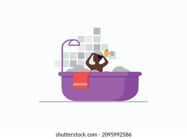 Man washes in the bathroom with rubber duck. He taking a shower with soap and sponge. Cartoon flat vector illustration isolated on violet background.