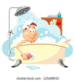 Man washes in the bathroom. Taking a shower. Vector picture on personal hygiene.