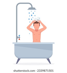 un hombre se lava en el baño debajo de la ducha. lave el pelo. ilustración vectorial plana.