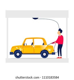 Man washes the car. Flat style vector illustration