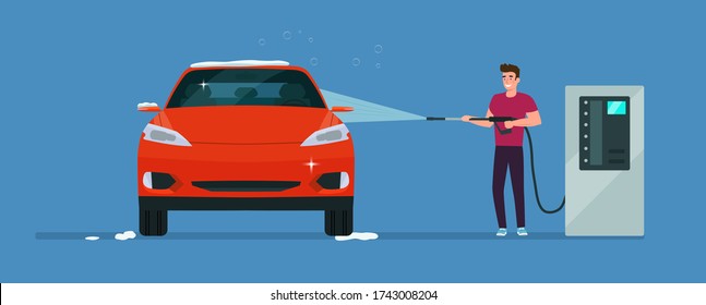 A man washes a car in a self-service car wash. Vector illustration.