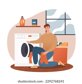 Man washes clothes. Young person putting dirty clothes into washing machine. Cleanliness and hygiene, routine and household chores. Housekeeping and housework. Cartoon flat vector illustration