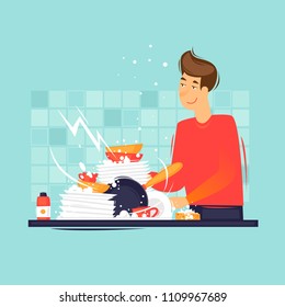 Hombre lava platos sucios. Ilustración vectorial de diseño plano.