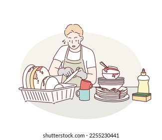 Man washes dirty dishes. Hand drawn style vector design illustrations.