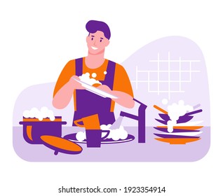 The man washes the dishes. Household vector concept. Illustration in flat cartoon style.