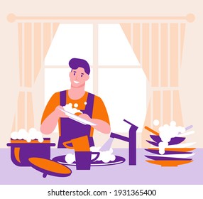 The man washes the dishes in the kitchen. Household vector concept. Illustration in flat cartoon style.