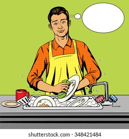 Man washes dishes pop art style vector illustration. Comic book style imitation