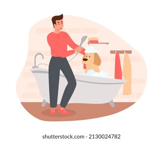 Man washes dog. Owner takes care of his pet, love for animals. Bathroom scene, daily chores and hygiene, routine. Characters after walk on city or town park. Cartoon flat vector illustration