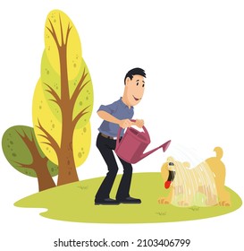 Man washes dog from watering can. People and animals. Illustration concept for mobile website and internet development.