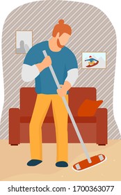 A man washes the floors in the room. Room cleaning in the apartment. To stay home. The right lifestyle. Gender equality. Removing dust and dirt with a mop.