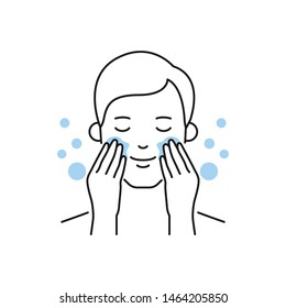 Man washes his face with cleansing vector illustration outline style