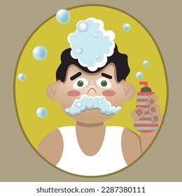 A man washes his face with soap, foam, vector image, clipart, banner