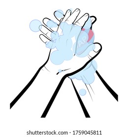 el hombre se lava las manos, las palmas con jabón de colores. Cumplimiento de las medidas de higiene y precaución durante una pandemia y en la vida cotidiana. Vector aislado sobre fondo blanco