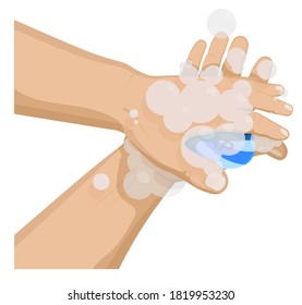 man washes his hands, palms with soap. Compliance with hygiene, precautionary measures during pandemic and in everyday life. Cartoon vector on white background