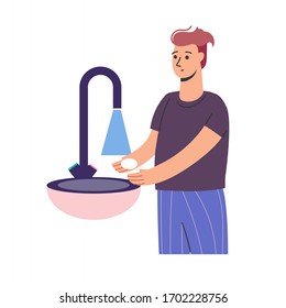 a man washes his hands to prevent coronavirus. The man maintains hygiene and maintains cleanliness. Vector illustration in a flat style: guy, washstand, tap water. Isolated on white