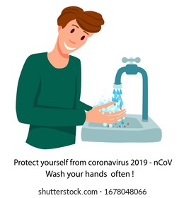 man washes his hands with soap, coronavirus 2019 -nCoV , banner, vector illustration on a white background