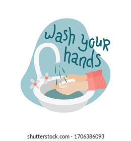 Ein Mann wäscht sich die Hände mit Seife im Spülbecken unter dem fließenden Wasser aus dem Wasserhahn. Bekämpfung des Coronavirus. Wasch dir die Hände.