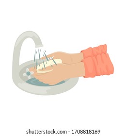 A man washes his hands with soap in the sink under the running water from the tap. Fighting the coronavirus.