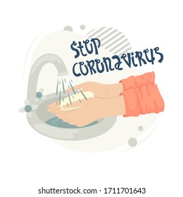 A man washes his hands with soap in the sink under the running water from the tap. Stop coronavirus. 