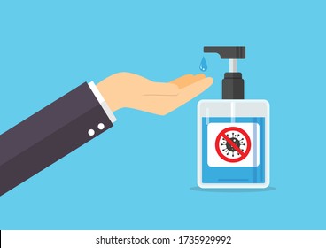 Man washes his hands with soap from sanitizer pump bottle. vector illustration