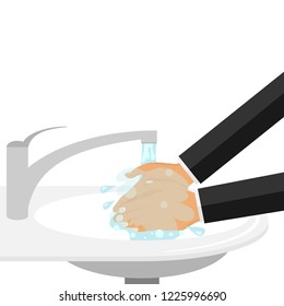 A man washes his hands under the tap. The man with the soap washes his hands under the pressure of water from the tap. Vector illustration.