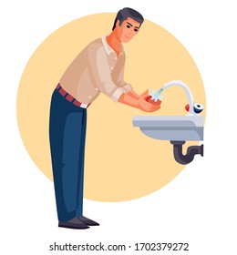 man washes his hands under running water, vector illustration,