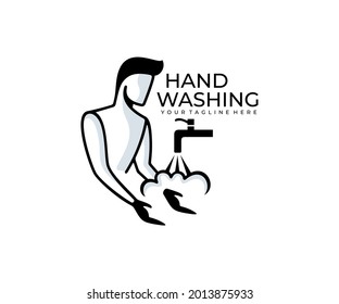 Man washes his hands and water flows from the tap, logo design. Cleanliness, hygiene and sanitation, vector design and illustration