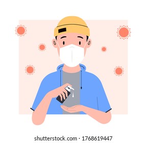 Man washes his hands. Young man in a medical mask uses an antiseptic. Vector illustration