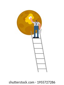 Hombre lava la luna. De tierra a luna. Cuidando al planeta
