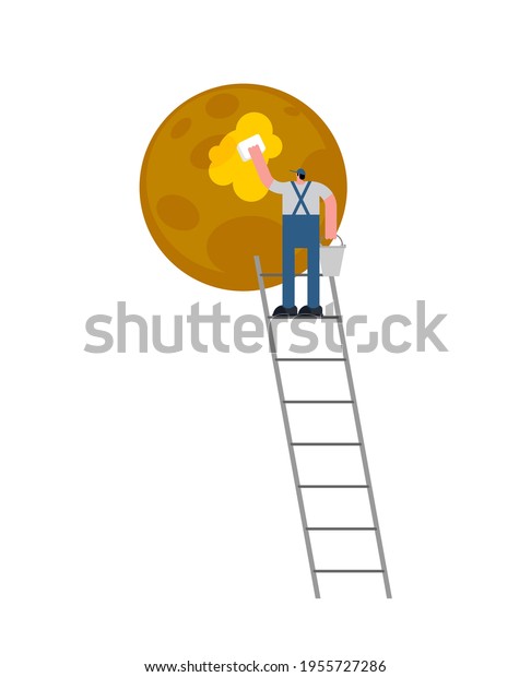 Man washes\
moon. Ladder to moon. Caring for\
planet